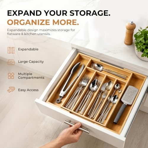 Silverware Organizer Kitchen Drawer Organizer Expandable Bamboo Utensil Holder Cutlery Tray for Kitchen Utensil and Flatware Bedroom Office