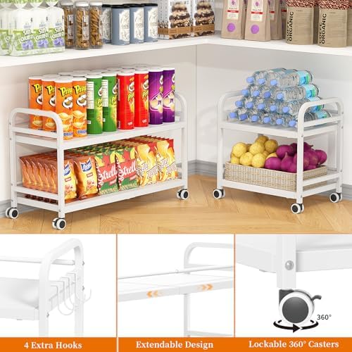 2-Tier Expandable Rolling Cart, Pantry Storage Cart with Wheels, Adjustable Rolling Pantry Floor Organizer
