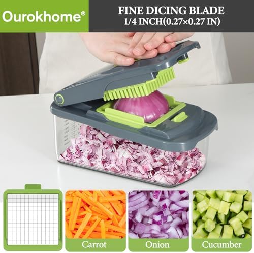 Vegetable Chopper Cutter with Container, Manual Hand Food Veggie Dicer with 2 Chopping Blades for Potato Strips, Onion Cubers, Carrot Sticks, Essential Kitchen Gadgets (2 in 1, Gray)