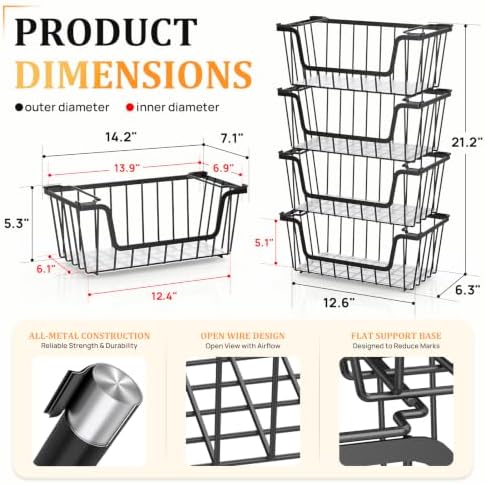 Stackable Storage Bins 4 Pcs Wire Baskets Freezer Organizer, Black
