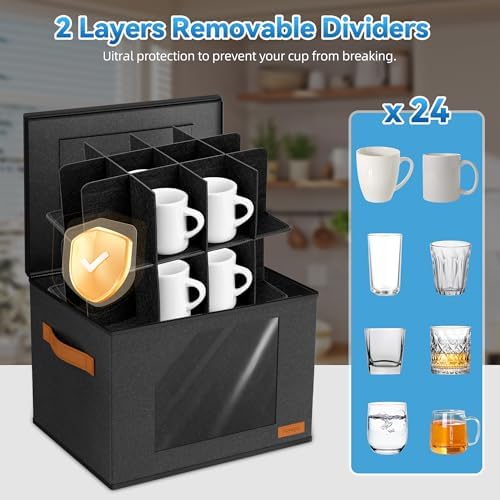 Cup and Mug Storage Box with 24 Dividers, Dark Gray, 2-Layer