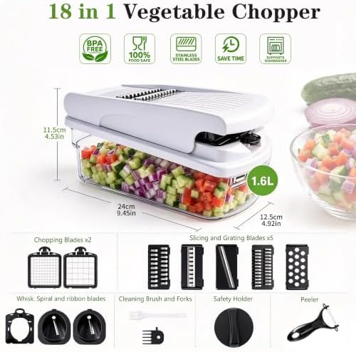 18-in-1 Vegetable Chopper Mandoline Slicer, Veggie Chopper with Container