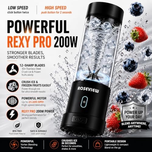 Portable Smoothie blender ROSEVIEW Glass bottle 200W Power USB rechargeable mini Handheld Ice Shakes Cup blend juicer Cordless blender Personal smoothies maker Fruit mixer - Image 2