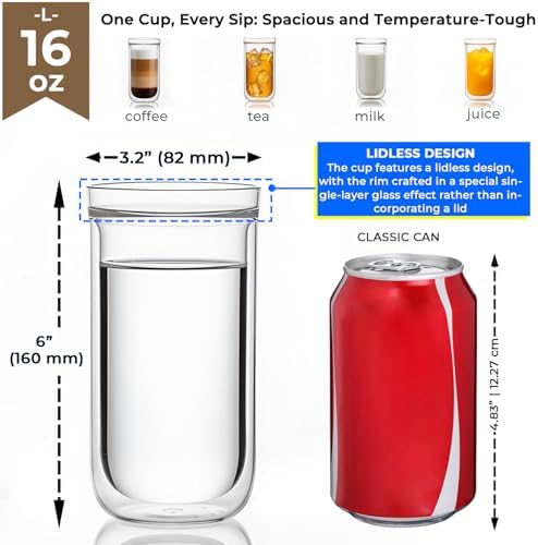 16oz Double Walled Glass Coffee Cups Set of 2, Insulated Tumblers