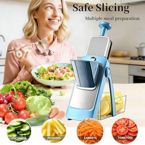 Upgraded Safe Mandoline Slicer for Kitchen, Potato Slicer for Chips, Multi Vegetable Chopper with Drain Basket Storage Container, Thickness Adjustable Versatile Faster Slice Artifact (Blue) - Image 2