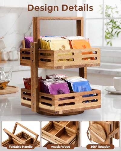 Acacia Wood Tea Bag Organizer, 360° Rotating 2-Tier Storage Holder with 8 Compartments, Holds 80+ Tea Bags for Kitchen Countertop, Tea Station, Home Decor