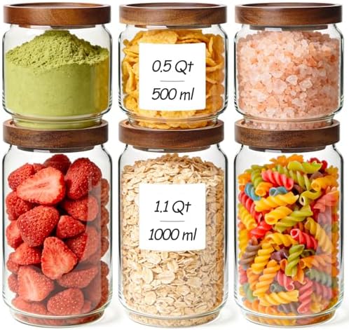 Glass Pantry Storage Container with Acacia Wood Lids 1.1/0.5Qt 6Pack