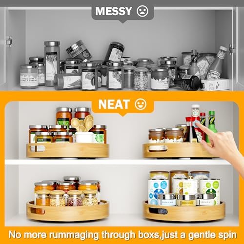 Lazy Susan Organizer 12 Inch Non-Skid Bamboo Lazy Susan for Kitchen Rotating Spice Rack with Handles, Wood Turntable for Kitchen Cabinet,Countertop (Bamboo, Medium)