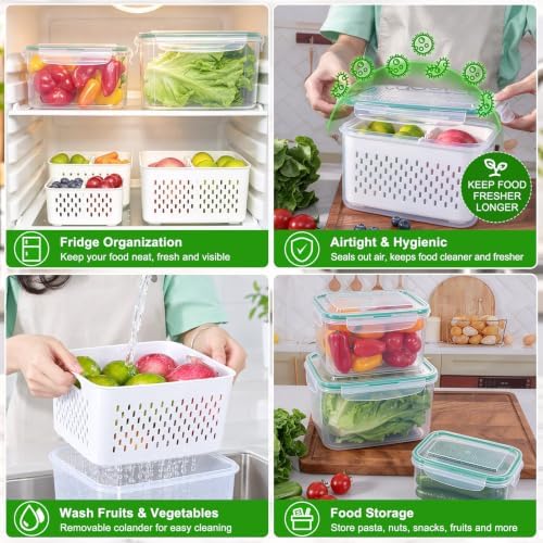 Thicker Produce Fruit Storage Containers for Fridge with Colander &Dividers