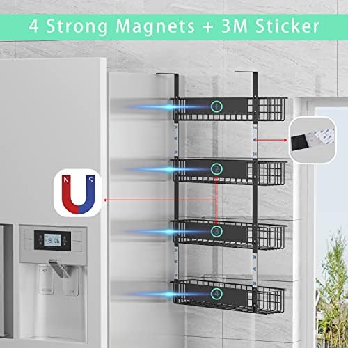 4 Tier Magnetic Spice Rack | Strongly Magnetic Spice Shelf with Utility Hooks | Refrigerator Spice Storage | Kitchen Storage Rack for Placing Seasoning Bottles, Plastic Wraps or Garbage Bags (Black)