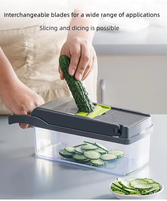 Pro Multifunctional Vegetable Chopper - 16 in 1 Food Chopper With 8 Blades, Slicer, Dicer, Cutter for Onions, Carrots, Garlic - Container Included