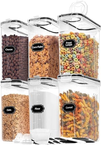 Cereal Containers Storage of 6 [4L/135.2 oz], Airtight Food Storage Containers with Lids, Plastic Cereal Dispensers for Kitchen & Pantry Organizers and Storage, Measuring Cup & 20 Labels