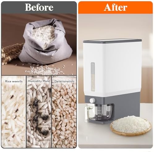 Rice Container 25 Lbs, One-Press Dispenser with Measuring Cup