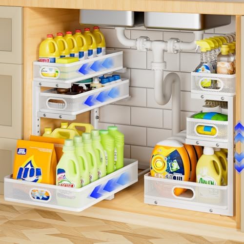 Under Sink Organizer 3 Tier, 2 Pack L-Shaped Pull-Out Cabinet Organizer with Sliding Metal Mesh Drawers, Height Adjustable Under Sink Storage Rack for Kitchen Bathroom Cabinet, White