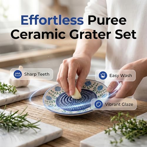 Grater Plate Bowl, 4PCS Ceramic Grater Set, Handmade Pottery Grinding Bowl with 4.6" Plate, Peeler, Brush & Stand, for Garlic Ginger Cheese Tomato, Home Kitchen Gift (#I)