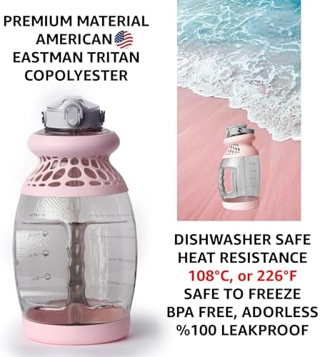 Large 1 Gallon Water Bottle/Jug with Time Marker, Straw & Sleeve – BPA-Free Tritan, Dishwasher Safe, Motivational Quotes, for Gym & Sports (128 oz) - USA Joyous Sun (Pink)