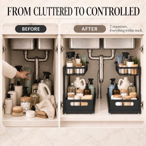 Under Sink Organizer, 2-Tier Pull-Out Metal Drawer, 2 Pack