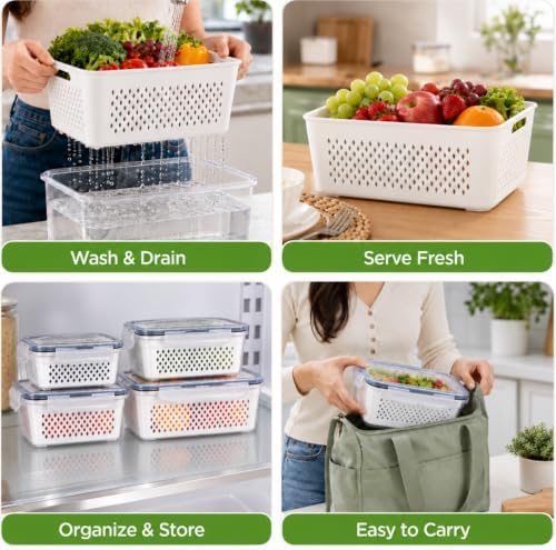 5 Pack Large Fruit Storage Containers for Fridge with Removable Colander