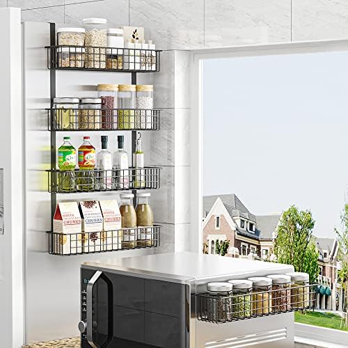 4 Tier Magnetic Spice Rack | Strongly Magnetic Spice Shelf with Utility Hooks | Refrigerator Spice Storage | Kitchen Storage Rack for Placing Seasoning Bottles, Plastic Wraps or Garbage Bags (Black)