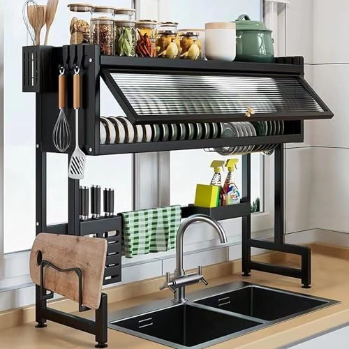 Dish Drying Rack, 3-Tier Over The Sink Dish Drying Rack, 33.5" Over Sink Dish Rack for Small Kitchen, Space-Saving Dish Rack with Cover, Baskets, Utensil, Large Sink Storage Organizer Black
