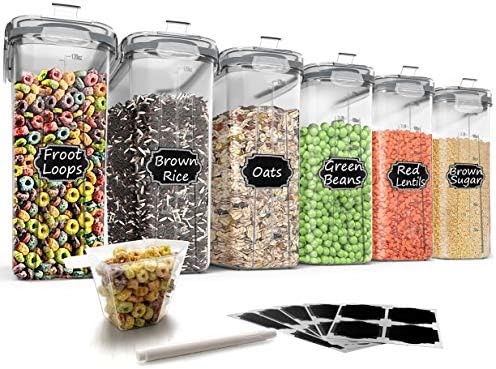 Cereal Storage Containers Set, Large BPA Free Plastic Airtight Food Storage Containers 4L /135.3oz for Flour, Sugar, 6 Piece Set Cereal Dispensers with 20 Labels & Marker, Grey