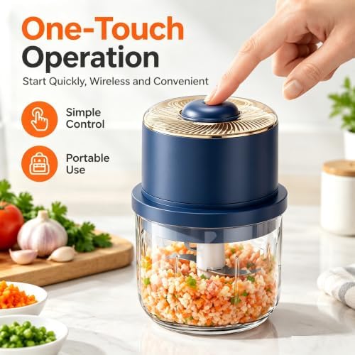 Electric Cordless Garlic Chopper 350ML with Glass Bowl, 6 Blades (Blue) - Image 5