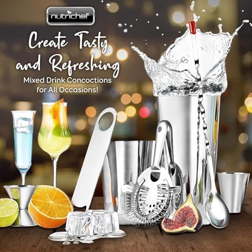 Mixology Bartender Cocktail Shaker Set - Includes 15 & 30 oz Stainless Steel Shakers, 6 Bottle Pourers & More - Essential Martini Making Kit - Drink Mixing Set - 15 Piece Cocktail Bar Set