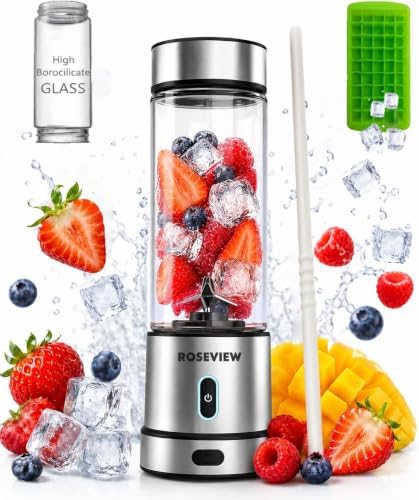 Portable Smoothie blender ROSEVIEW Glass bottle USB rechargeable mini Handheld Ice Shakes Cup 2 blend juicer Cordless Personal smoothies maker Fruit mixer (Steel) (MetallicSteel) by BlendingDrinkingSmoothiesinaGlassBottle