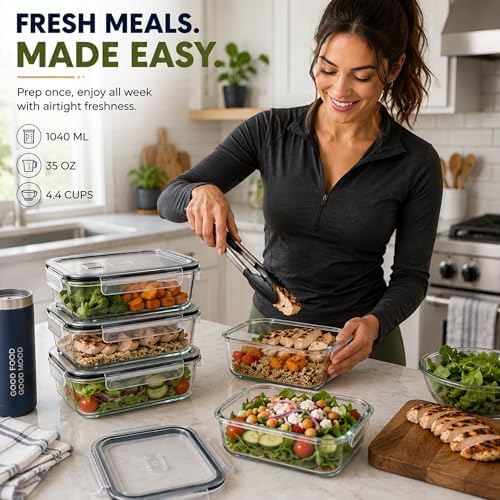 Glass Meal Prep Containers, Airtight Lids (4 Rectangular Vented Lid)