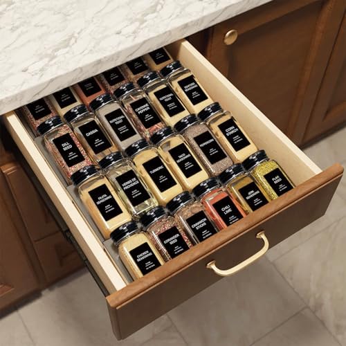 24 Pcs Glass Spice Jars with 398 Labels, 4oz Empty Square Spice Containers Seasoning Bottles - Shaker Lids, Funnel, Brush and Marker Included(Black Metal Caps)