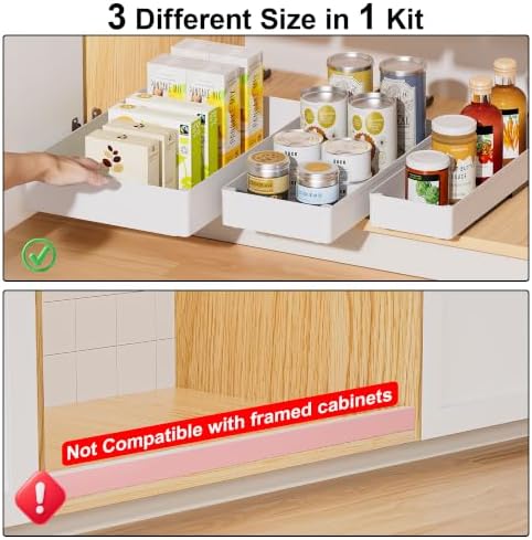 3 Pack Pull Out Cabinet Organizer, 15.7"Deep Pull Out Drawers for Cabinets, Slide Out Drawers for Kitchen Cabinets, Bathroom Cabinet Organizer, Pantry (White)
