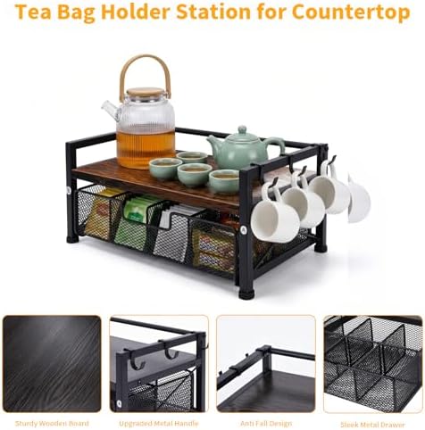 Tea Bag Coffee Bar Organizer,Teabag Holder & Coffee Station with Storage Drawer,Wood Tea Station Chest Display Container Box for Countertop Kitchen (Rustic Brown)