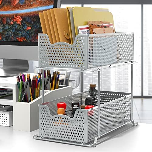 2 Tier Sliding Cabinet Basket Organizer Drawer, Silver