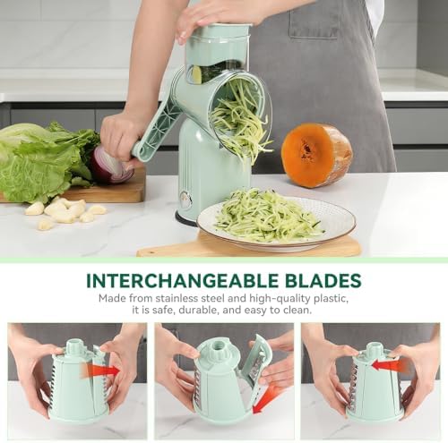 Rotary Cheese Grater 5 in 1 Green - Hand Crank Vegetable Cutter, Shredder, Slicer, Enlarge Input, Suction Base, Labor-Saving Handle, Blade Storage Box, for Onion, Potato, Vegetable, Nuts, etc