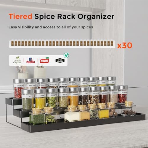Expandable Spice Rack Organizer - 3 Tier Adjustable Spice Organizer for Cabinet & Countertop - Easy Visibility - Black