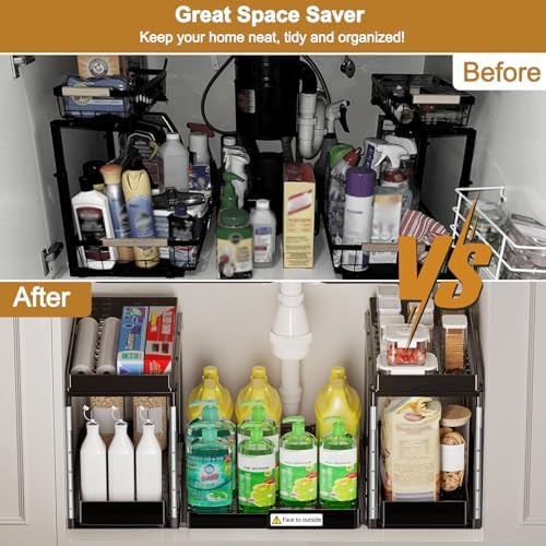 Expandable Under Sink Organizer: 2 Tier Height Adjustable