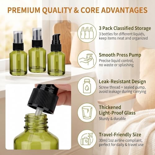 3Pcs 30ml Green Empty Glass Lotion Pump Bottles for Travel - Image 4