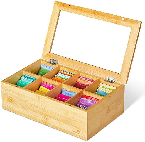 Big Natural Bamboo Tea Storage Organizer, Clear Acrylic Top, 8 Compartments