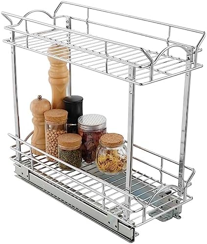 Slide Out Cabinet Organizer for Narrow Cabinet (5" W X 17" D), 2 Tier Pull Out Shelves Slim Sliding Cabinet Organizer and Storage, Chrome