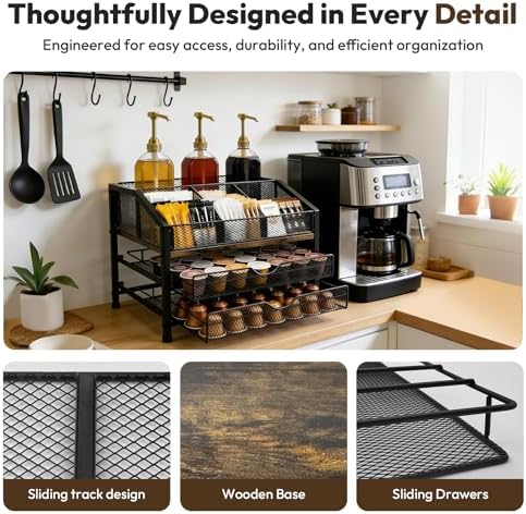 Coffee Bar Organizer with 3 Syrup Pumps, 3-Tier Coffee Station Organizer for Countertop, Rustic Wood & Metal Holder for K Cup, Storage for Coffee Pods, Syrup Bottles, Tea Bags, Cups & Stirrer