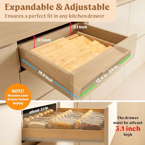 Bamboo Spice Drawer Organizer, Expandable 4 Tier Spice Rack