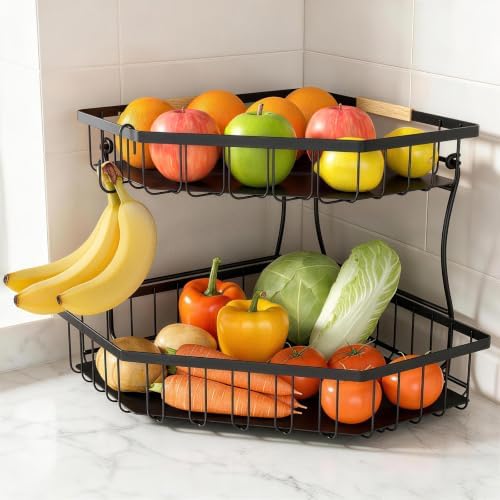 2 Tier Fruit Basket for Kitchen Counter with 2 Banana Hangers for Corner