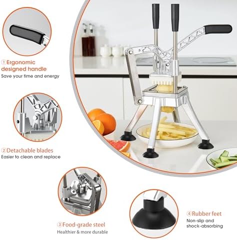 Commercial Vegetable Chopper Potato Dicer & Fruit Slicer, Stainless Steel French Fry Cutter with 3 Replacement Blades(1/2 Inch, 3/8 Inch and 1/4 Inch Blades) for Restaurants & Home Kitchen - Image 6