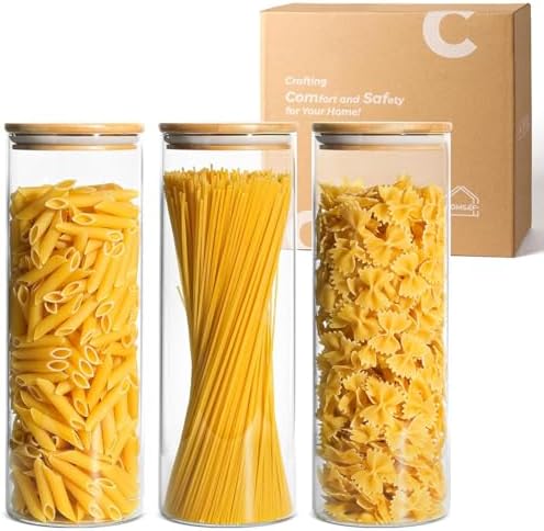 Pasta Containers Storage 2 Qt, Spaghetti Container, 3 Pack Glass Jar