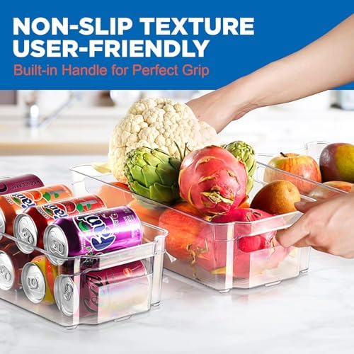 Refrigerator Organizer Bins 6-Piece - Plastic Storage Bins with Egg Holder - For Fridge, Freezer, Kitchen, Cabinet, Countertops, Pantry - Stackable Food & Drink Containers, 14.5"x7" - Clear