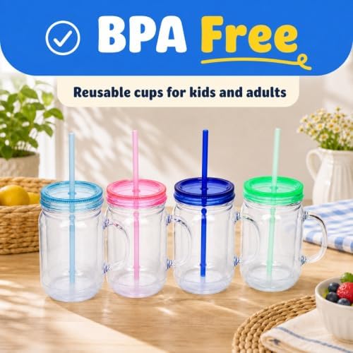 Plastic Mason Jars with Handles, Lids and Straws | 20 oz Double Insulated Tumbler with Straw | 4 Pack Set of 4 | Wide Mouth Mason Jar Mugs | Cups for Kids and Adults…
