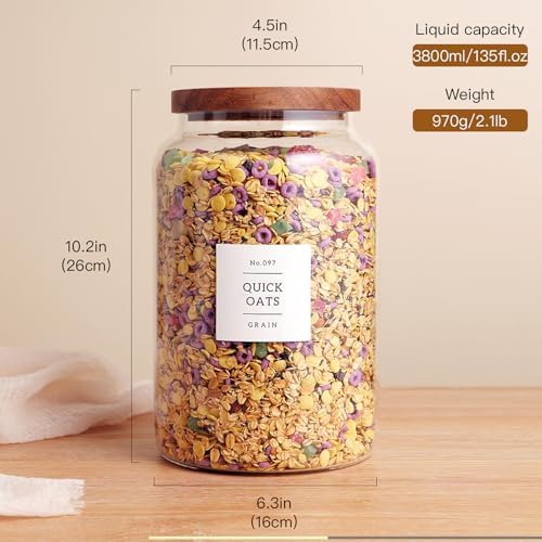 Set of 2 Large Glass Flour and Sugar Containers with 132 Pantry Labels - Glass Food Storage Jars with Airtight Bamboo Lid for Flour Pasta Candy Coffee Cookie and More(1 Gallon/4000 ml)