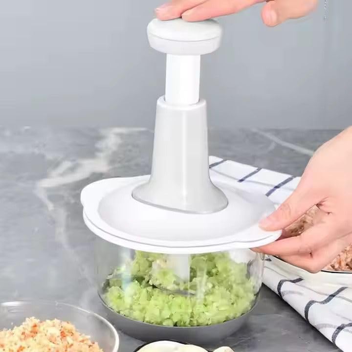 Manual Food Chopper, Hand Push for Perfect Texture, Vegetable and Meat Mincer with Stainless Steel Blades, Clear Bowl (Grey) - Image 4