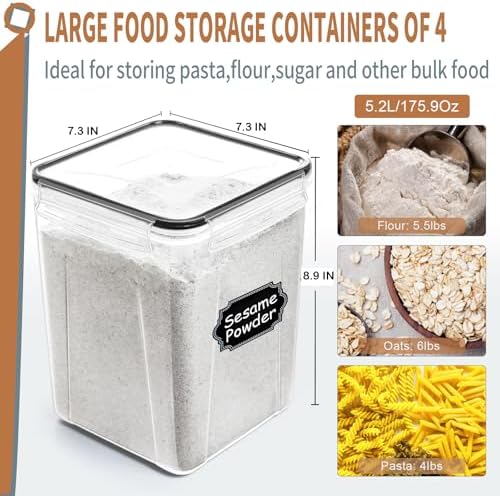 Large Airtight Food Storage Containers 5.2L / 195oz, 4pcs Pantry Kitchen Organizers and Storage for Flour, Sugar, Baking Supplies, BPA Free, Plastic Flour Containers with 20 Labels & Maker