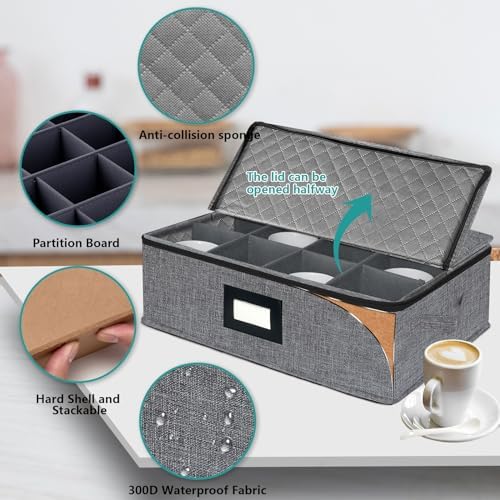 Mug and Cup Storage Box with Dividers, Coffee Mug Storage Case China Storage Containers Hard Shell with Lid and Handles, Stackable for 12 Coffee Mugs, Tea Cups, Moving & Packing (Dark Grey)